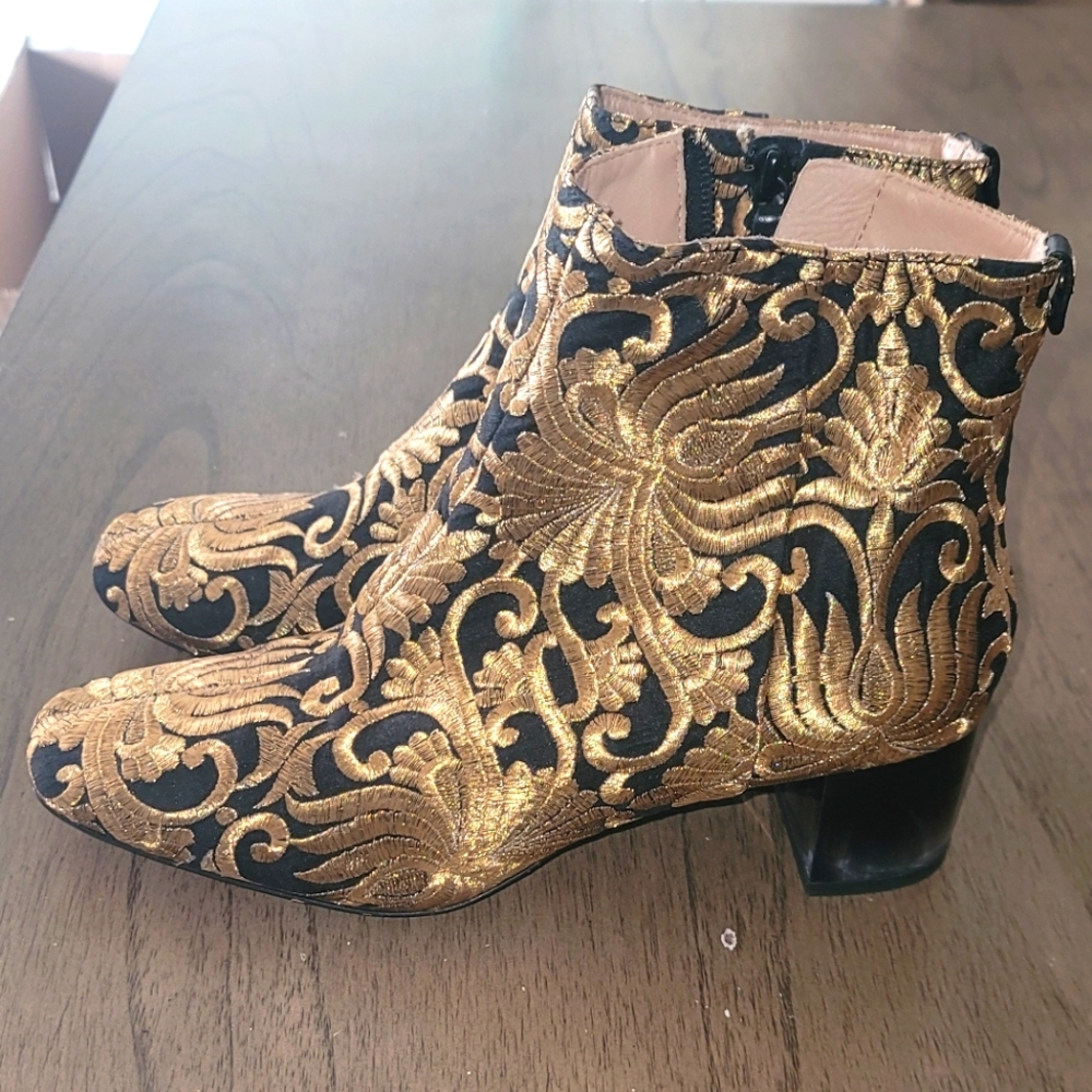 Tory Burch black and gold embroidered boots, Size 8.5